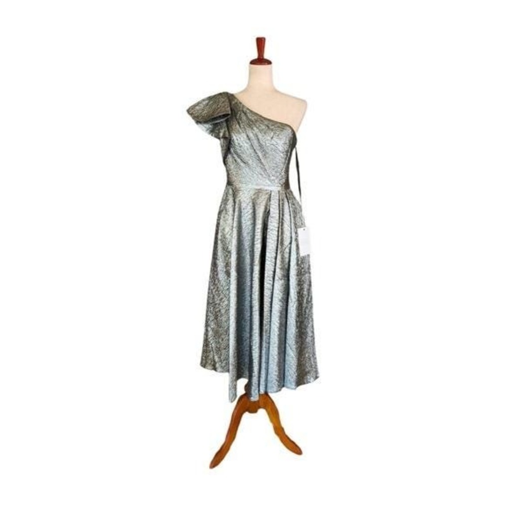Mac Duggal 67906 Silver One Shoulder Bow Midi Dress - Size 6 MSRP $498